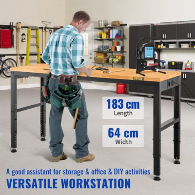 VEVOR Banco de Trabajo de Altura Ajustable 72-97 cm Banco para Taller Escritorio de Tablón de Roble 183 x 64 cm Marco de Acero Mesa de Trabajo Carga de 900 kg para Garajes, Talleres, Oficinas, Hogares