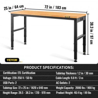 VEVOR Banco de Trabajo de Altura Ajustable 72-97 cm Banco para Taller Escritorio de Tablón de Roble 183 x 64 cm Marco de Acero Mesa de Trabajo Carga de 900 kg para Garajes, Talleres, Oficinas, Hogares