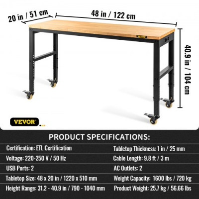 VEVOR Banco de Trabajo de Altura Ajustable 79-104 cm Banco para Taller Escritorio de Tablón de Roble 122x51 cm Marco de Acero Mesa de Trabajo con Ruedas Carga de 720 kg para Garajes Talleres Oficinas