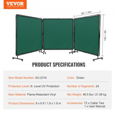 VEVOR Cortina de Soldadura con Marco 3 Paneles Pantalla de Cortina Protectora de Soldadura 1,8x1,8m de Vinilo Ignífugo con 12 Ruedas Giratorias (6 con Bloqueo) Mobile Pro para Taller, Industria, Verde