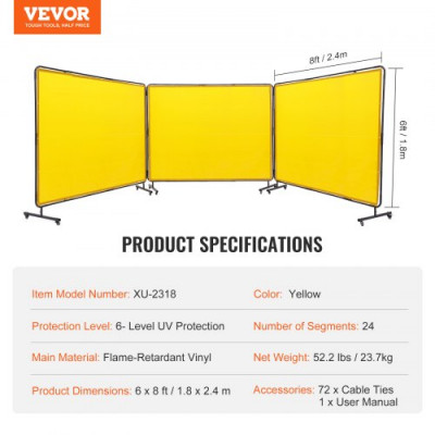 VEVOR Cortina de Soldadura con Marco 3 Paneles Pantalla de Cortina Protectora de Soldadura 1,8x2,4 m de Vinilo Ignífugo con 12 Ruedas Giratorias (6 con Bloqueo) Mobile Pro para Taller, Amarillo