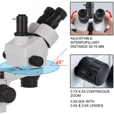 Microscopio Estéreo Trilocular, 3,5X-90X Microscopio Estéreo, 55-75 mm Microscopio Estéreo Profesional, Microscopio Trilocular con Soporte de Pilar Ajustable para Observación de Insectos, etc.