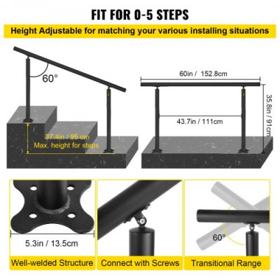 Pasamanos Escalera Barandilla de Escaleras Aluminio Pasamanos de Escalón Ajuste para 0-5 Pasos Negro Baranda para Escaleras 152,8 x 91 cm