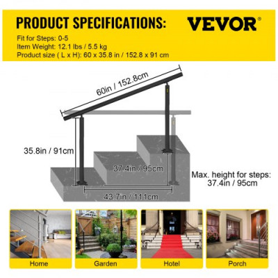 Pasamanos Escalera Barandilla de Escaleras Aluminio Pasamanos de Escalón Ajuste para 0-5 Pasos Negro Baranda para Escaleras 152,8 x 91 cm