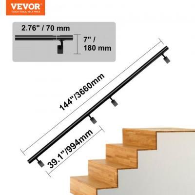 VEVOR Barandilla de Escalera Barandilla de Aleación de Aluminio Barra de Soporte Montaje en Pared Longitud de 366 cm Pasamanos Carga de 199,6 kg con Kit de Instalación para Escaleras Pasillos Hogar