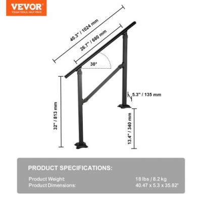 VEVOR Barandilla de Escalera de 914,4 mm para 3 Escalones Pasamanos Exterior de Acero al Carbono Ajustable 50° Carga de 300 kg con Kit de Instalación para Suelos de Hormigón Madera Baldosas Cerámicas