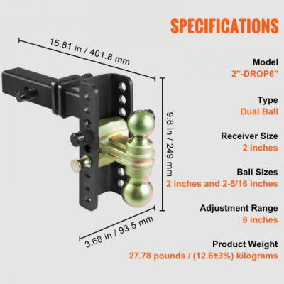 VEVOR Enganche de remolque ajustable, montaje de bola de enganche de 6