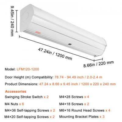 VEVOR Cortina de aire interior comercial de 4 pies, superpotencia, 2 velocidades, 2038 m³/h, cortinas de aire para puertas ventilador interior sobre puerta con interruptor de límite resistente