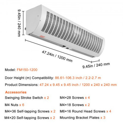 VEVOR Cortina de aire interior comercial de 4 pies, superpotencia, 2 velocidades, 2802 m³/h, cortinas de aire para puertas ventilador interior sobre puerta con interruptor de límite resistente