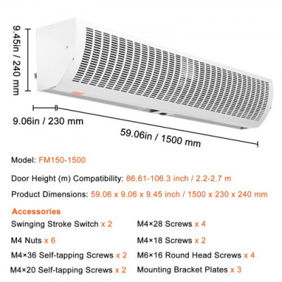 VEVOR Cortina de aire interior comercial de 5 pies, superpotencia, 2 velocidades, 3566 m³/h, cortinas de aire para puertas ventilador interior sobre puerta con interruptor de límite resistente