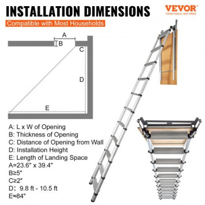 VEVOR Escalera Telescópica Plegable de Aluminio para Ático 600 x 1000 mm Capacidad de Carga de 158,8 kg Extensión Multiusos Ligera y Portátil Altura de Instalación 9,8-10,5' para Ático, Oficina, Hogar