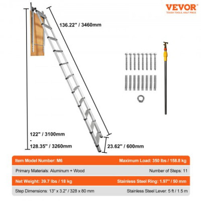 VEVOR Escalera Telescópica Plegable de Aluminio para Ático 600 x 1000 mm Capacidad de Carga de 158,8 kg Extensión Multiusos Ligera y Portátil Altura de Instalación 9,8-10,5' para Ático, Oficina, Hogar