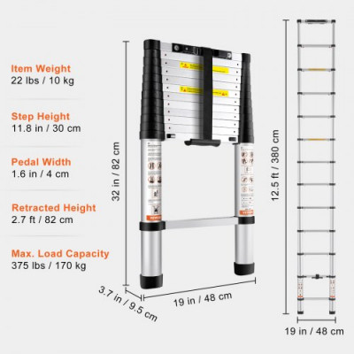 Escalera Telescópica de Aluminio Escalón de Extensión 380cm Carga de 170kg