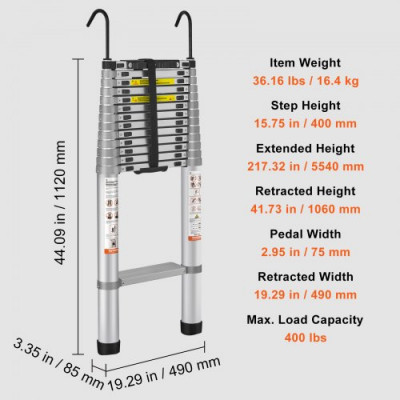 VEVOR Escalera Telescópica de Aluminio Carga de 190 kg Escalera de Extensión Portátil Alcance de 5,5 m Antideslizantes Escalera Compacta Multiusos Retracción con Un Botón para Reparaciones Domésticas