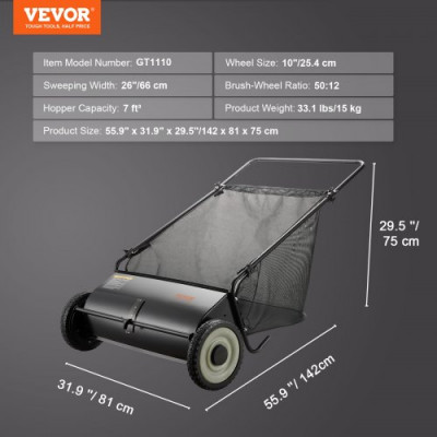 VEVOR Barredora de Césped 198L Cortacésped Manual con Bolsa recolectora Ancho de Barrido 66cm Cepillo Giratorio Altura Ajustable Ruedas 25,4 cm para Césped Hojas de Jardín Escombros Secos 142x81x75 cm