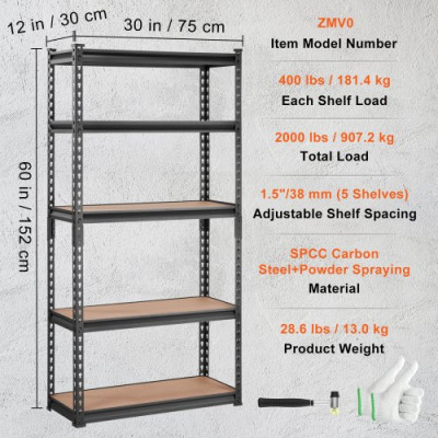 VEVOR Estantería de Almacenamiento Ajustable de 5 Niveles Estantería Metálica de Alta Resistencia para Garaje 907,2 kg 75x30x152 cm Estantería de Almacenamiento para Cocina Taller Sótano Baño Lavadero