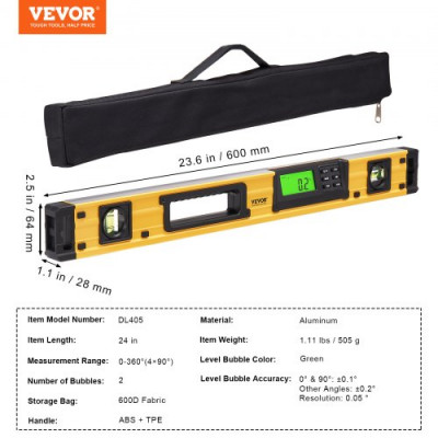 VEVOR Nivel de Burbuja Magnético Nivel Torpedo 600 mm Pantalla LED Retroiluminada Herramienta de Nivelación 0-360° Aleación de Aluminio Sensor de Gravedad para Medición Industria de Construcción Hogar