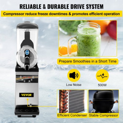 Máquina para Hacer Granizados Comercial 15L 500W Máquina de Granizado de Hielo Comercial 16°F a 32°F Máquina para Granizada Slush Helado Control de Tanque Separado Pantalla de Luz Bajo Ruido