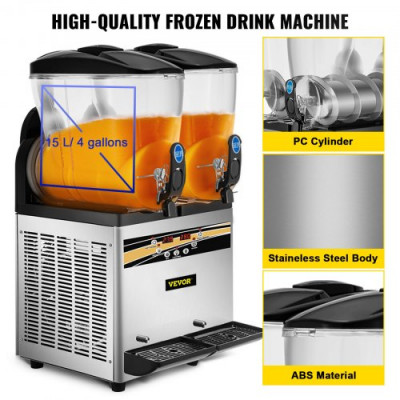 Máquina para Hacer Granizados Comercial 2x15L 1000W Máquina de Granizado de Hielo Comercial -3℃ a -2℃ Máquina para Granizada Slush Helado Control de Tanque Separado Pantalla de Luz Bajo Ruido