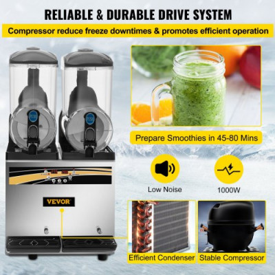 Máquina para Hacer Granizados Comercial 2x15L 1000W Máquina de Granizado de Hielo Comercial -3℃ a -2℃ Máquina para Granizada Slush Helado Control de Tanque Separado Pantalla de Luz Bajo Ruido