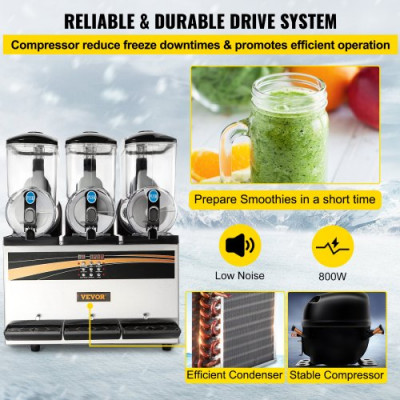 Máquina para Hacer Granizados Comercial 3x15L Máquina de Granizado de Hielo Comercial -3℃ a -2℃ Máquina para Granizada Slush 800W Helado Control de Tanque Separado de Luz Bajo Ruido