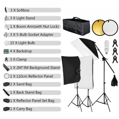 BuoQua Kit Iluminación Fotográfica de Foco o Luz con Caja Blanda 50 x 70 cm, Iluminación Continua Estudio Fotografía para Foto o Video con Bombillas, Kit Iluminación con Soporte de Fondo Ajustable