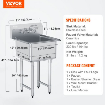 VEVOR Fregadero de preparación utilitario de acero inoxidable, fregadero pequeño de 18.0 x 18.0 in, 1 cuenco con grifo y patas, fregadero comercial para garaje, restaurante, cocina, lavadero