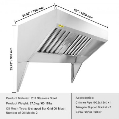 VEVOR Campana extractora comercial de 5 pies para camión de alimentos, capó de remolque de acero inoxidable 201 con 2 rejillas de filtro de aceite extraíbles en forma de U, campana de ventilación