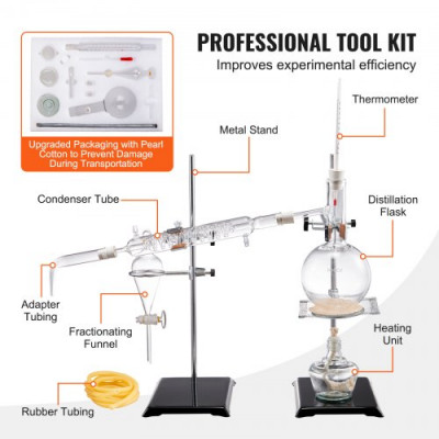 VEVOR Kit de destilación de aceites esenciales dispositivo de destilación de 500 ml destilación de vidrio de laboratorio 3.3 Boro con lámpara de alcohol, malla de cerámica y conexión 24, 40, 28 piezas