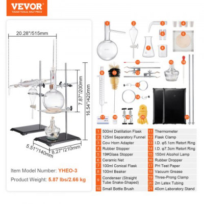 VEVOR Kit de destilación de aceites esenciales dispositivo de destilación de 500 ml destilación de vidrio de laboratorio 3.3 Boro con lámpara de alcohol, malla de cerámica y conexión 24, 40, 28 piezas