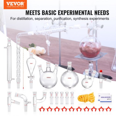 VEVOR Kit de destilación de laboratorio, kit de destilación de vidrio de laboratorio Boro 3.3 con 24 y 40 compuestos, juego de equipos de destilación de aceites esenciales de 1000 ml, 29 piezas