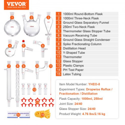 VEVOR Kit de destilación de laboratorio, kit de destilación de vidrio de laboratorio Boro 3.3 con 24 y 40 compuestos, juego de equipos de destilación de aceites esenciales de 1000 ml, 29 piezas