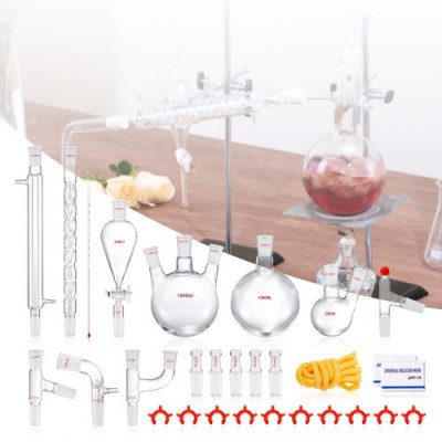 VEVOR Kit de destilación de laboratorio, kit de destilación de vidrio de laboratorio Boro 3.3 con 24 y 40 compuestos, juego de equipos de destilación de aceites esenciales de 1000 ml, 29 piezas