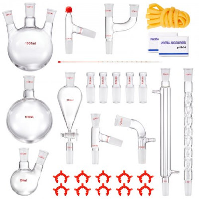 VEVOR Kit de destilación de laboratorio, kit de destilación de vidrio de laboratorio Boro 3.3 con 24 y 40 compuestos, juego de equipos de destilación de aceites esenciales de 1000 ml, 29 piezas