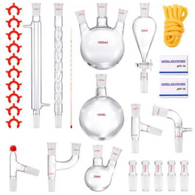 VEVOR Kit de destilación de laboratorio, kit de destilación de vidrio de laboratorio Boro 3.3 con 24 y 40 compuestos, juego de equipos de destilación de aceites esenciales de 1000 ml, 29 piezas