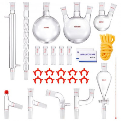 VEVOR Kit de destilación de laboratorio, kit de destilación de vidrio de laboratorio Boro 3.3 con 24 y 40 compuestos, juego de equipos de destilación de aceites esenciales de 1000 ml, 29 piezas