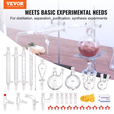 VEVOR Kit de destilación de laboratorio, kit de destilación de vidrio de laboratorio 3.3 Boro con 24 y 40 compuestos, juego de equipos de destilación de aceites esenciales de 1000 ml, 32 piezas