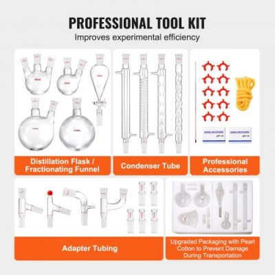 VEVOR Kit de destilación de laboratorio, kit de destilación de vidrio de laboratorio 3.3 Boro con 24 y 40 compuestos, juego de equipos de destilación de aceites esenciales de 1000 ml, 32 piezas