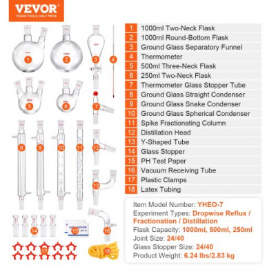 VEVOR Kit de destilación de laboratorio, kit de destilación de vidrio de laboratorio 3.3 Boro con 24 y 40 compuestos, juego de equipos de destilación de aceites esenciales de 1000 ml, 32 piezas