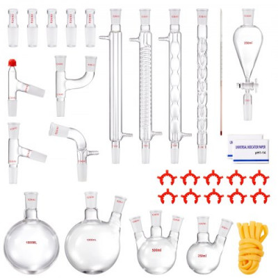 VEVOR Kit de destilación de laboratorio, kit de destilación de vidrio de laboratorio 3.3 Boro con 24 y 40 compuestos, juego de equipos de destilación de aceites esenciales de 1000 ml, 32 piezas