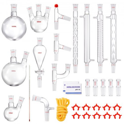 VEVOR Kit de destilación de laboratorio, kit de destilación de vidrio de laboratorio 3.3 Boro con 24 y 40 compuestos, juego de equipos de destilación de aceites esenciales de 1000 ml, 32 piezas