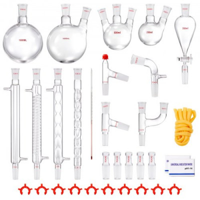 VEVOR Kit de destilación de laboratorio, kit de destilación de vidrio de laboratorio 3.3 Boro con 24 y 40 compuestos, juego de equipos de destilación de aceites esenciales de 1000 ml, 32 piezas