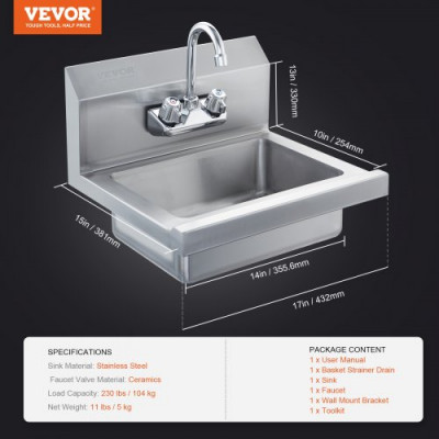 VEVOR Lavamanos Lavabo de pared o empotrado 432x381x330mm de acero inoxidable