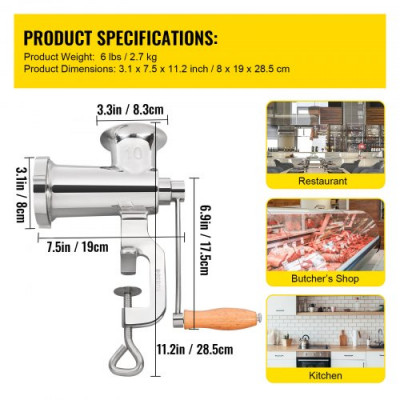 Picadora de Carne Manual 8x19x28,5 cm Máquina para Moler Carne Acero Inoxidable Máquina de Picar Carne Doméstico con Tubo de Relleno de Salchicha Abrazadera de Mesa Ajustable para Cerdo Verduras