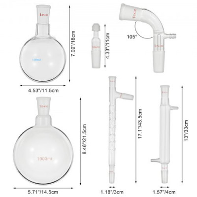 VEVOR Conjunto de Vidrio de Laboratorio Ciencia Industrial, 24 / 40 Cristalería de Laboratorio Ciencia Industrial, 500 / 1.000 ml Destilador Laboratorio Juego de Unidades de Destilación para Secado