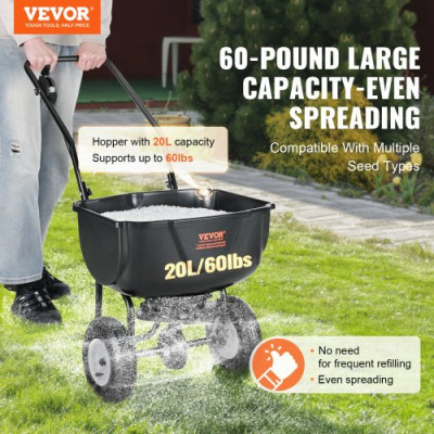 VEVOR Esparcidor de Abonos 27kg Esparcidor de Sal Quitanieves de Semillas con Ruedas Grandes 203mm​ Tolva de 20L Sembradora de Semillas de Césped de Acero para Terrenos Residenciales, Agrícolas, Negro