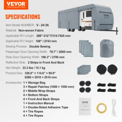 VEVOR Cubierta para Caravana 7,3-7,9 m Funda Caravana No Tejida Cubierta para Coche 4 Capas Clase A Resistente a los Rayos UV, al Viento, al Agua y al Polvo Doble Costura para Viajes, 828x291x251 cm