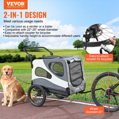 VEVOR Remolque Plegable para Bicicleta para Perros Carga de 45 kg Cochecito para Mascotas 2 en 1, Marco Fácil de Plegar con Ruedas de Liberación Rápida, Acoplador Universal para Bicicleta, Reflectores