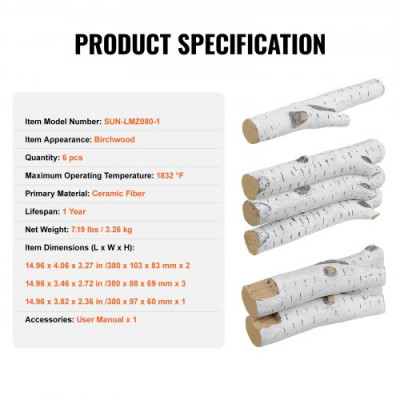 VEVOR Leños de Chimenea de Cerámica 6 Piezas Madera de Cerámica Decorativa para Chimeneas de Gas Ramas Falsas Resistentes al Calor Abedul Blanco Apilable para Chimenea Brasero Interior o Exterior