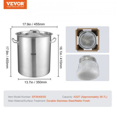 VEVOR Olla para Sopa de 39,7 L con tapa, Diámetro de 35 cm, Altura de 41 cm, Olla Grande de Acero Inoxidable con Asa y Colador, Llama Abierta e Inducción para Eventos Comerciales, Restaurantes